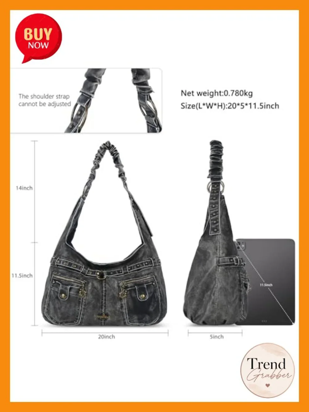 Large Hobo Shoulder Bag Vegan Leather Multi-Pocket Tote with Studs